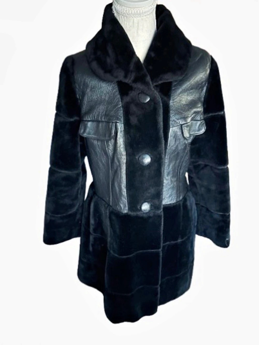 Vintage Leather & Black Faux Fur-Collar Coat Jacket Mod 60s 70s Boho Bohemian